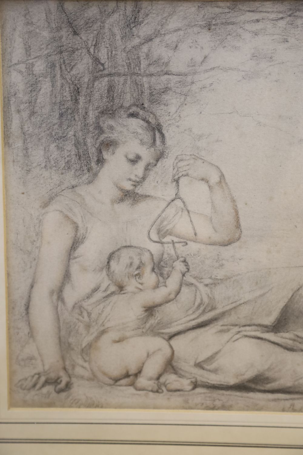 Old Master, charcoal and chalk, Mother and child with a triangle, 30 x 27cm